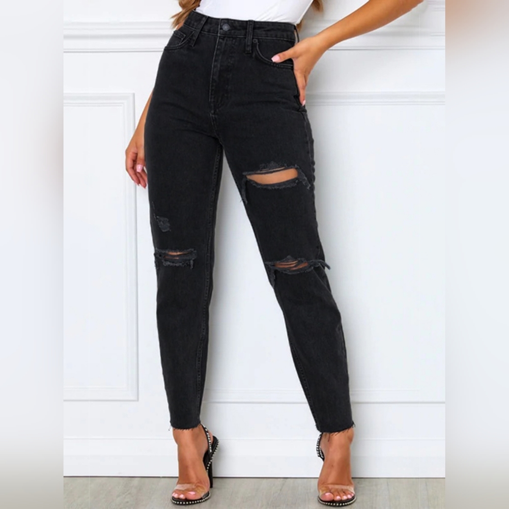 Women's Black Distressed High Waist Straight Jeans - Picture 1 of 3